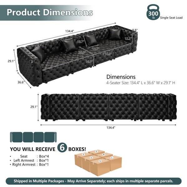 English Elm 134.4" Faux Leather Modular Sectional Sofa with Button Tufted Detail for Living Room Black W1885S00528