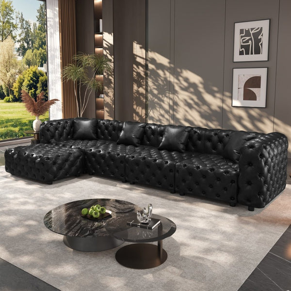 English Elm 134.4" Modular Faux Leather Sectional with Button Tufting Ottoman and Pillows Included Black W1885S00529