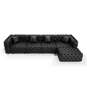 English Elm 134.4" Modular Faux Leather Sectional with Button Tufting Ottoman and Pillows Included Black W1885S00529