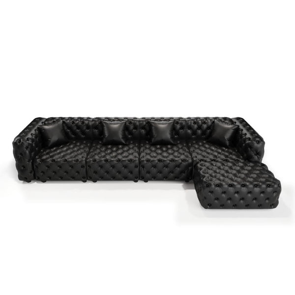 English Elm 134.4" Modular Faux Leather Sectional with Button Tufting Ottoman and Pillows Included Black W1885S00529