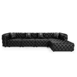 English Elm 134.4" Modular Faux Leather Sectional with Button Tufting Ottoman and Pillows Included Black W1885S00529