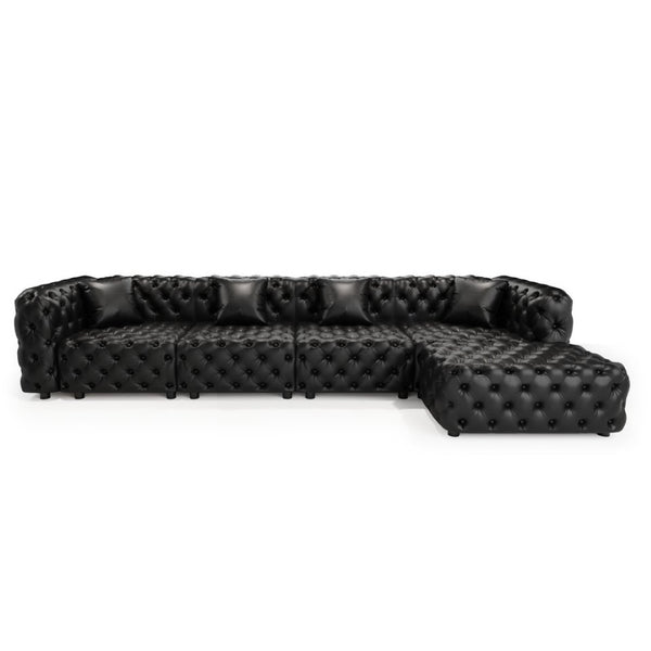 English Elm 134.4" Modular Faux Leather Sectional with Button Tufting Ottoman and Pillows Included Black W1885S00529