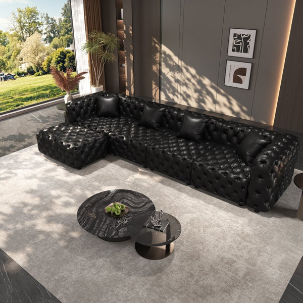 English Elm 134.4" Modular Faux Leather Sectional with Button Tufting Ottoman and Pillows Included Black W1885S00529