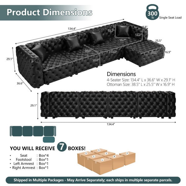 English Elm 134.4" Modular Faux Leather Sectional with Button Tufting Ottoman and Pillows Included Black W1885S00529