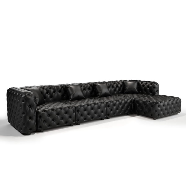 English Elm 134.4" Modular Faux Leather Sectional with Button Tufting Ottoman and Pillows Included Black W1885S00529