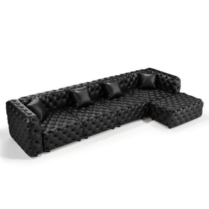 English Elm 134.4" Modular Faux Leather Sectional with Button Tufting Ottoman and Pillows Included Black W1885S00529