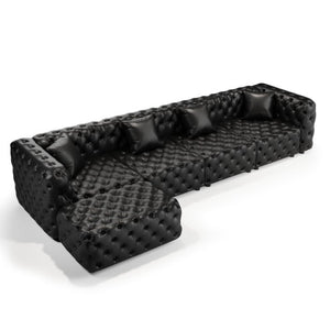 English Elm 134.4" Modular Faux Leather Sectional with Button Tufting Ottoman and Pillows Included Black W1885S00529