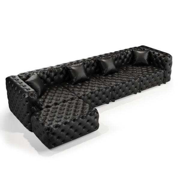 English Elm 134.4" Modular Faux Leather Sectional with Button Tufting Ottoman and Pillows Included Black W1885S00529