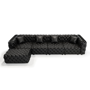 English Elm 134.4" Modular Faux Leather Sectional with Button Tufting Ottoman and Pillows Included Black W1885S00529