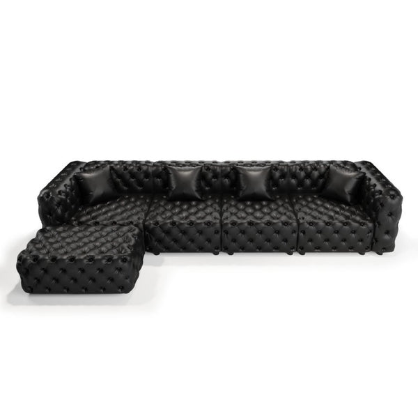 English Elm 134.4" Modular Faux Leather Sectional with Button Tufting Ottoman and Pillows Included Black W1885S00529