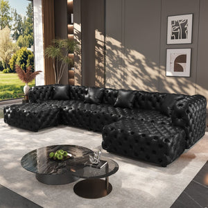 English Elm 134.4" Tufted Faux Leather Modular Sectional Sofa with Ottomans for Large Living Rooms Black W1885S00530