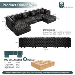 English Elm 134.4" Tufted Faux Leather Modular Sectional Sofa with Ottomans for Large Living Rooms Black W1885S00530