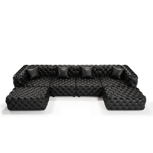 English Elm 134.4" Tufted Faux Leather Modular Sectional Sofa with Ottomans for Large Living Rooms Black W1885S00530