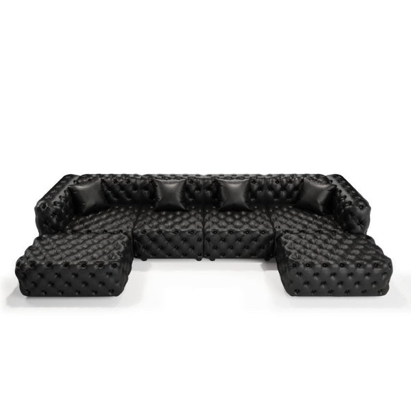 English Elm 134.4" Tufted Faux Leather Modular Sectional Sofa with Ottomans for Large Living Rooms Black W1885S00530