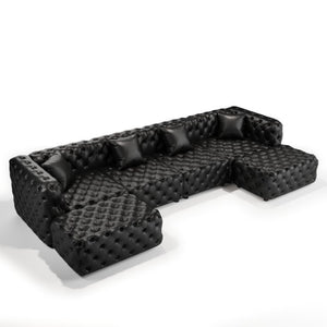 English Elm 134.4" Tufted Faux Leather Modular Sectional Sofa with Ottomans for Large Living Rooms Black W1885S00530