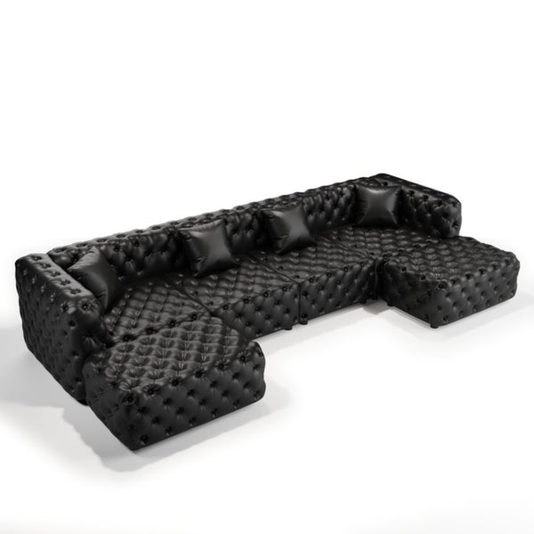 English Elm 134.4" Tufted Faux Leather Modular Sectional Sofa with Ottomans for Large Living Rooms Black W1885S00530