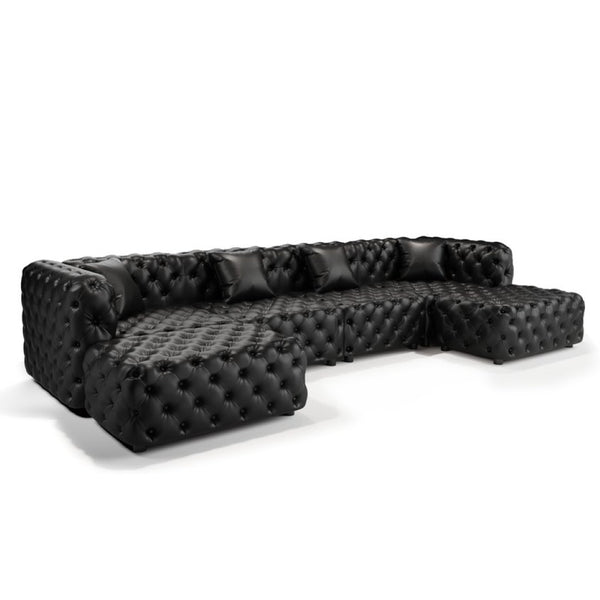 English Elm 134.4" Tufted Faux Leather Modular Sectional Sofa with Ottomans for Large Living Rooms Black W1885S00530
