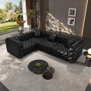 English Elm 103.8" Modular Faux Leather Sectional Sofa Italian Tufted 4 Seat Living Room Couch Black W1885S00531
