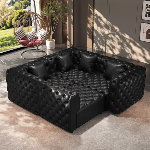 English Elm 103.8" Modular Faux Leather Sectional Sofa Italian Tufted 4 Seat Living Room Couch Black W1885S00531