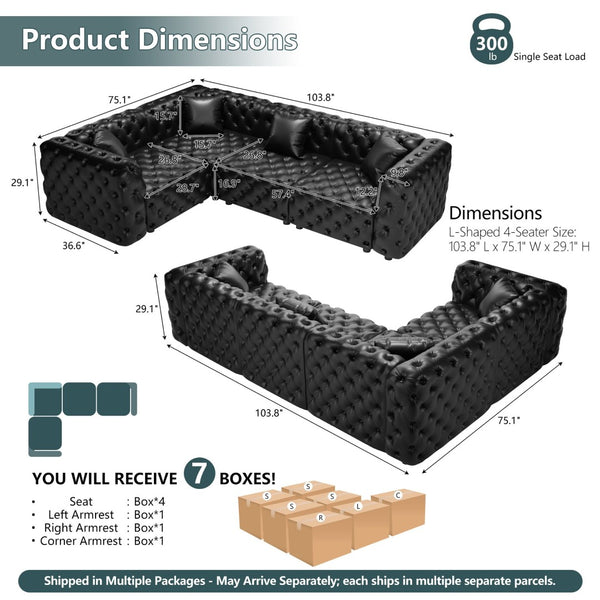 English Elm 103.8" Modular Faux Leather Sectional Sofa Italian Tufted 4 Seat Living Room Couch Black W1885S00531