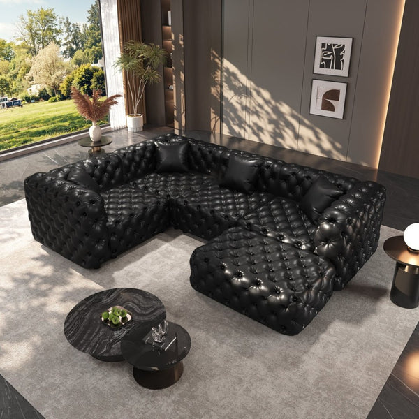 English Elm 103.8" Modular Faux Leather Sectional Sofa with Hand Tufted Back Ottoman Pillows Black W1885S00532