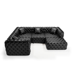 English Elm 103.8" Modular Faux Leather Sectional Sofa with Hand Tufted Back Ottoman Pillows Black W1885S00532