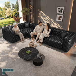 English Elm 132.5" Modular Faux Leather Sectional Sofa Button Tufted 5 Seat Living Room Couch Black W1885S00533