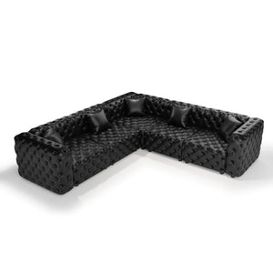 English Elm 132.5" Modular Faux Leather Sectional Sofa Button Tufted 5 Seat Living Room Couch Black W1885S00533