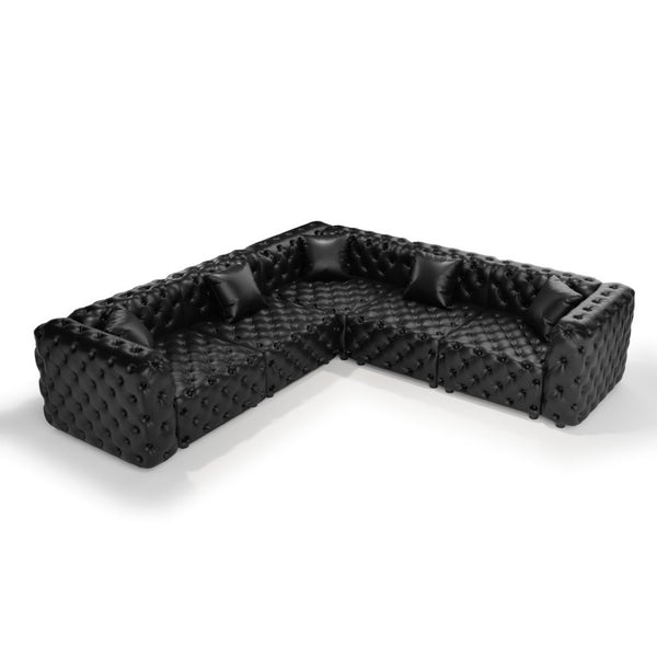 English Elm 132.5" Modular Faux Leather Sectional Sofa Button Tufted 5 Seat Living Room Couch Black W1885S00533