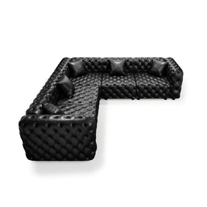 English Elm 132.5" Modular Faux Leather Sectional Sofa Button Tufted 5 Seat Living Room Couch Black W1885S00533