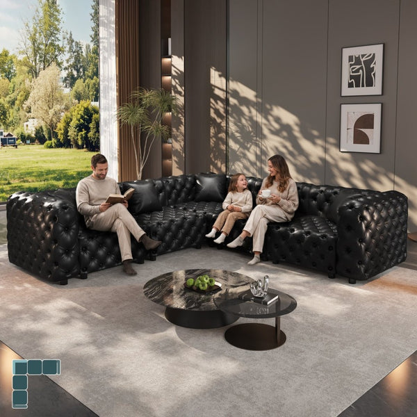 English Elm 132.5" Modular Faux Leather Sectional Sofa Button Tufted 5 Seat Living Room Couch Black W1885S00533