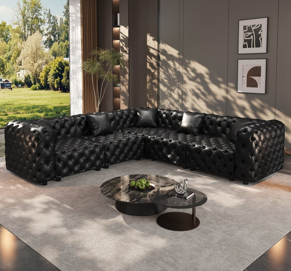 English Elm 132.5" Modular Faux Leather Sectional Sofa Button Tufted 5 Seat Living Room Couch Black W1885S00533
