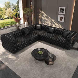 English Elm 132.5" Modular Faux Leather Sectional Sofa Button Tufted 5 Seat Living Room Couch Black W1885S00533