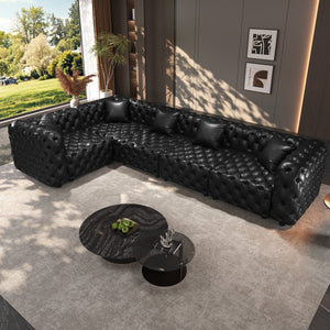 English Elm 132.5" Modular Faux Leather Sectional Sofa Button Tufted 5 Seat Living Room Couch Black W1885S00533