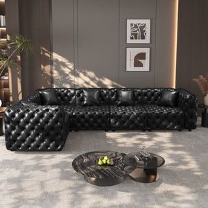 English Elm 132.5" Modular Faux Leather Sectional Sofa Button Tufted 5 Seat Living Room Couch Black W1885S00533