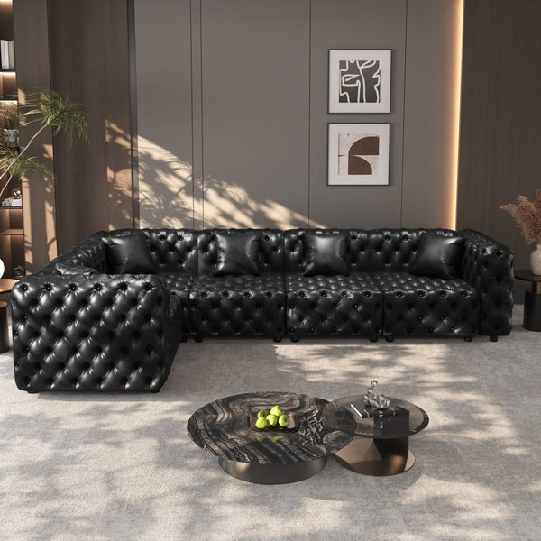 English Elm 132.5" Modular Faux Leather Sectional Sofa Button Tufted 5 Seat Living Room Couch Black W1885S00533