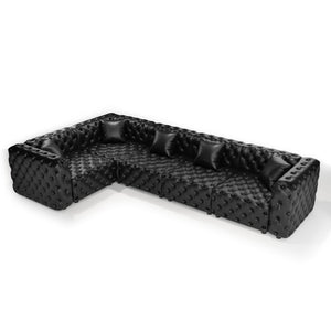 English Elm 132.5" Modular Faux Leather Sectional Sofa Button Tufted 5 Seat Living Room Couch Black W1885S00533