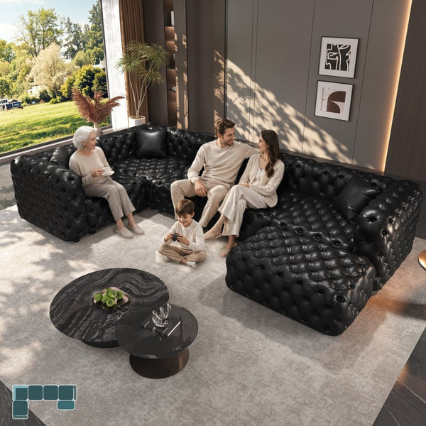 English Elm 132.5 Inch Button Tufted Faux Leather Modular Sectional Sofa Set with Ottoman W1885S00534