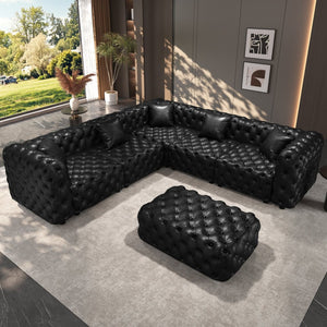 English Elm 132.5 Inch Button Tufted Faux Leather Modular Sectional Sofa Set with Ottoman W1885S00534