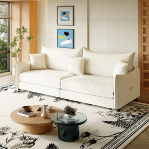 English Elm 81.9" King Velvet Sleeper Sofa with Gold Trim Converts From Couch to Flat Bed Beige+White W1885S00537
