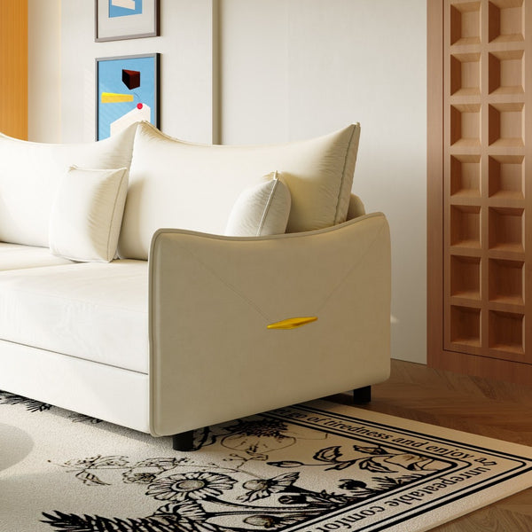 English Elm 81.9" King Velvet Sleeper Sofa with Gold Trim Converts From Couch to Flat Bed Beige+White W1885S00537
