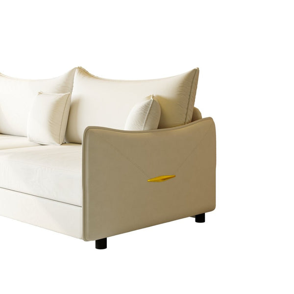 English Elm 81.9" King Velvet Sleeper Sofa with Gold Trim Converts From Couch to Flat Bed Beige+White W1885S00537