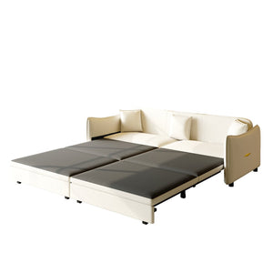 English Elm 81.9" King Velvet Sleeper Sofa with Gold Trim Converts From Couch to Flat Bed Beige+White W1885S00537