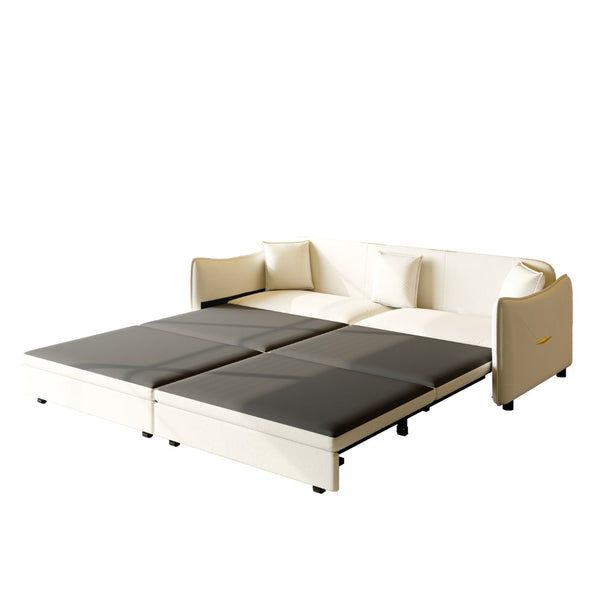 English Elm 81.9" King Velvet Sleeper Sofa with Gold Trim Converts From Couch to Flat Bed Beige+White W1885S00537