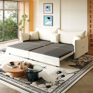 English Elm 81.9" King Velvet Sleeper Sofa with Gold Trim Converts From Couch to Flat Bed Beige+White W1885S00537