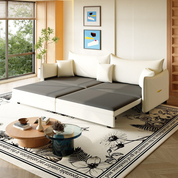 English Elm 81.9" King Velvet Sleeper Sofa with Gold Trim Converts From Couch to Flat Bed Beige+White W1885S00537