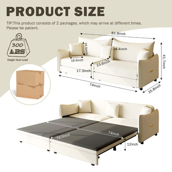 English Elm 81.9" King Velvet Sleeper Sofa with Gold Trim Converts From Couch to Flat Bed Beige+White W1885S00537
