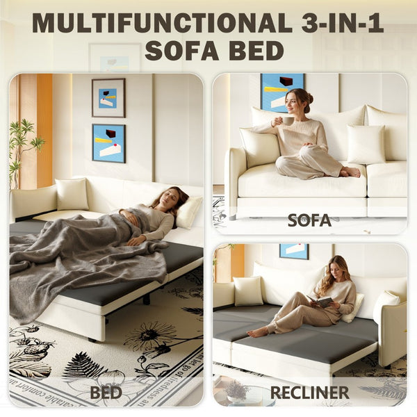 English Elm 81.9" King Velvet Sleeper Sofa with Gold Trim Converts From Couch to Flat Bed Beige+White W1885S00537