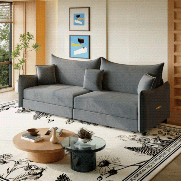 English Elm 81.9" King Velvet Sleeper Sofa with Gold Trim Converts From Couch to Flat Bed Dark Grey W1885S00538