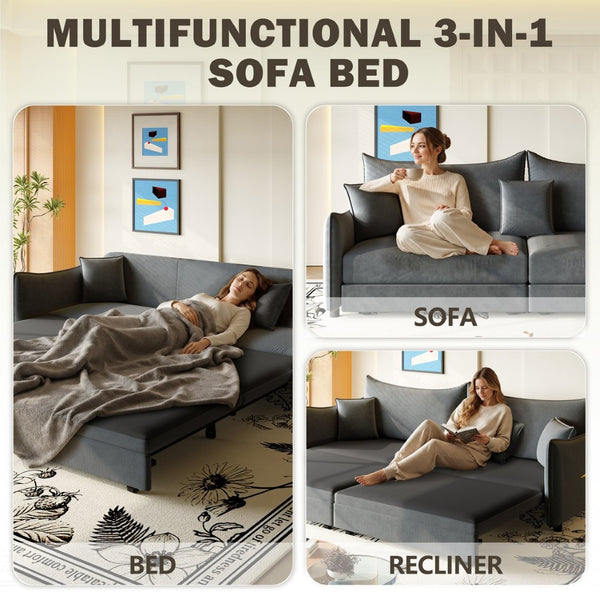 English Elm 81.9" King Velvet Sleeper Sofa with Gold Trim Converts From Couch to Flat Bed Dark Grey W1885S00538